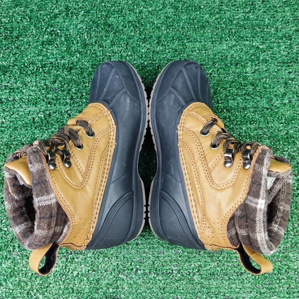 Magellan Duck Boots Boys 12D Tan Black Plaid Collar Lace Up Winter Rain Boots
